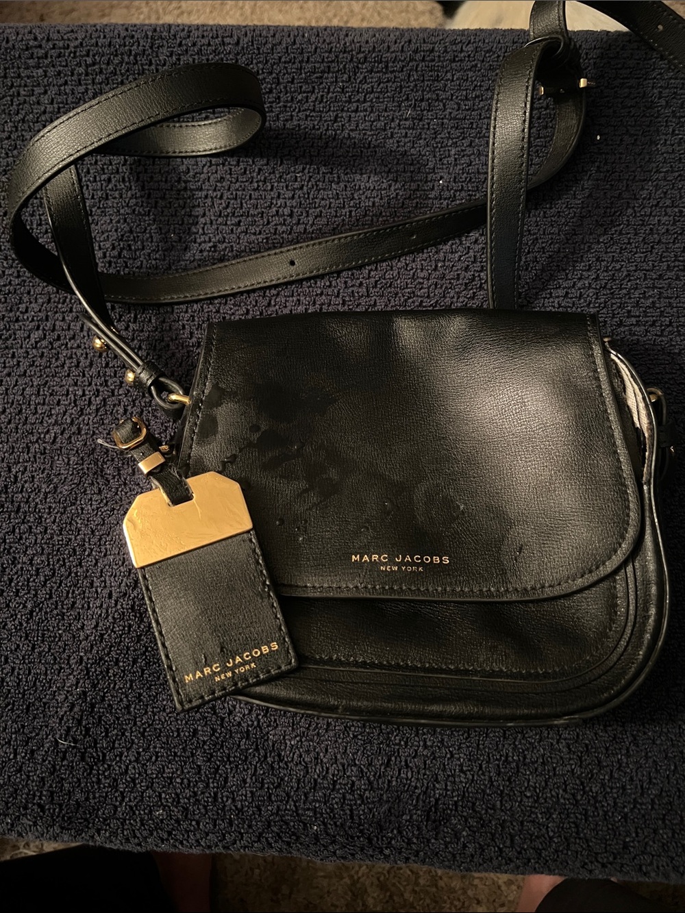 Marc Jacobs Black Leather Crossbody with Gold Luggage Tag Accent